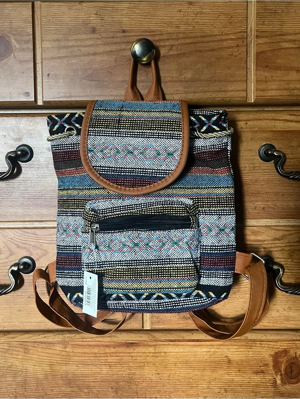 Multicolor Boho Woven Mini Backpack with Tan Trim